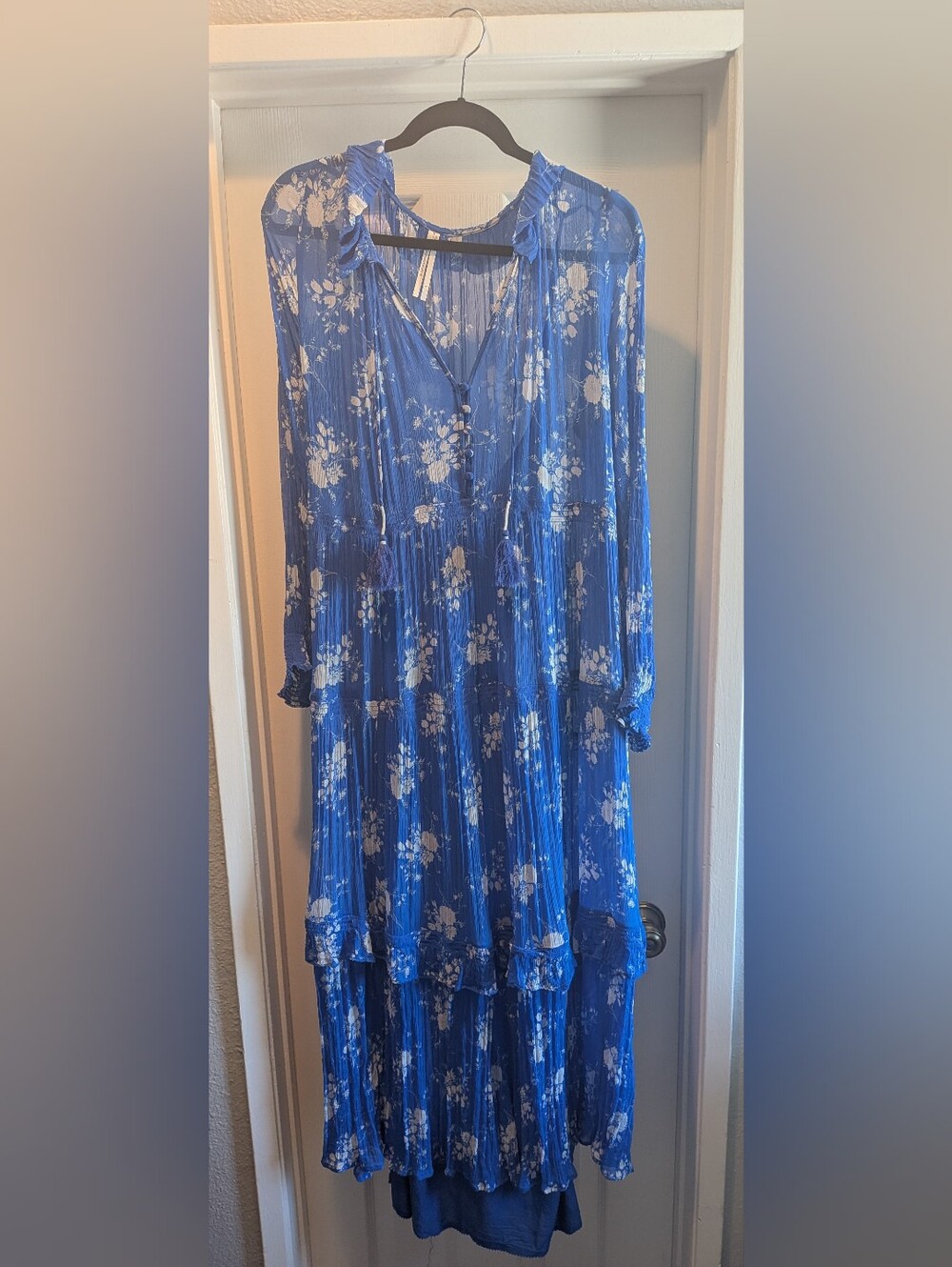 Anthropologie Blue Floral Printed Viscose Maxi Tiered Dress Women's L